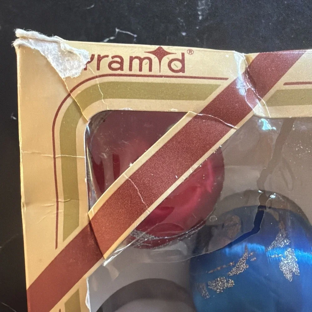 7 Vintage PYRAMID Spun Satin & Glitter Christmas Ornaments Decor in Original Box